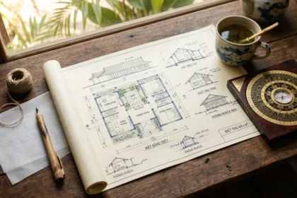 Bản vẽ thiết kế kiến trúc và la bàn phong thủy định hướng nhà ở cho tuổi kỷ hợi 1959