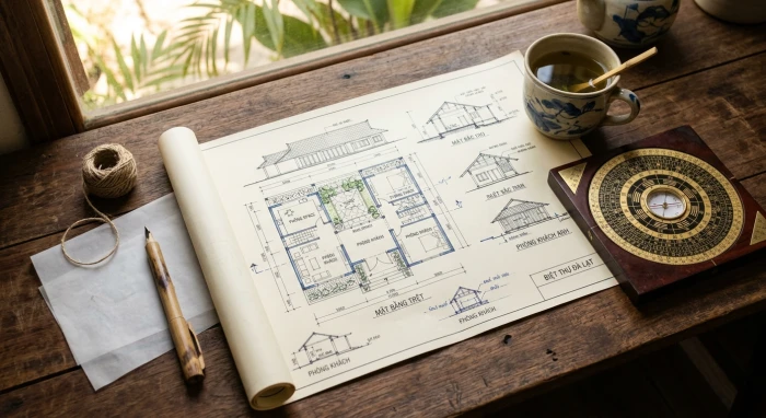 Bản vẽ thiết kế kiến trúc và la bàn phong thủy định hướng nhà ở cho tuổi kỷ hợi 1959