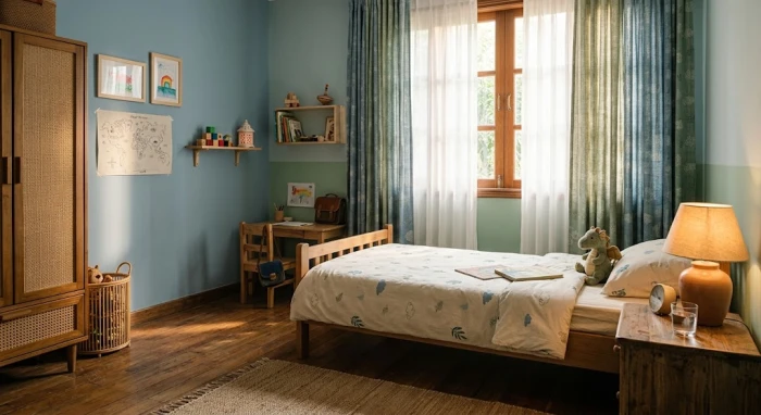 Không gian phòng ngủ hợp phong thủy cho bé tuổi kỷ hợi 2019 với tông màu xanh dương êm ái