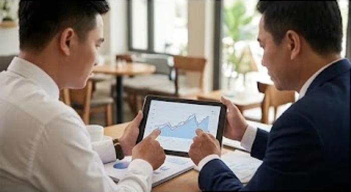 Hai nam doanh nhân đang cùng nhau phân tích biểu đồ tài chính trên màn hình máy tính bảng