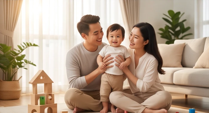 Gia đình nhỏ hạnh phúc quây quần vui đùa cùng con nhỏ trong phòng khách ngập tràn ánh sáng
