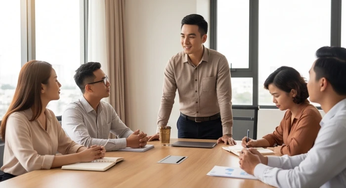 Người quản lý tuổi Kỷ Mão sinh mùa hạ tự tin điều hành thảo luận công việc trong văn phòng ngập ánh sáng