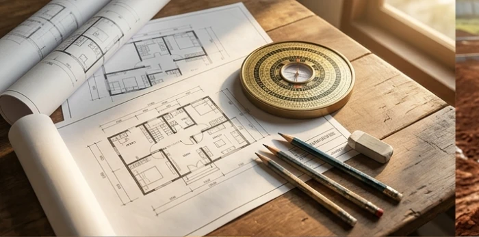 Bản vẽ kiến trúc công trình nhà ở cùng la bàn phong thủy định hướng tốt lành trước khi tiến hành khởi công