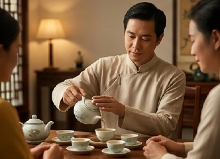 Thành viên gia đình điềm tĩnh rót trà và điều hòa không khí trong một buổi họp mặt bàn bạc công việc nội bộ