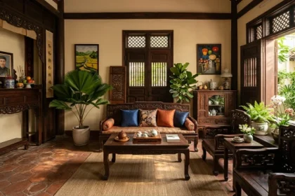 Không gian phòng khách đậm chất Việt Nam được bố trí phong thủy hài hòa dành cho gia chủ tuổi kỷ sửu 1949
