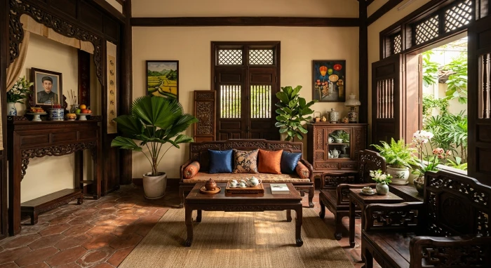 Không gian phòng khách đậm chất Việt Nam được bố trí phong thủy hài hòa dành cho gia chủ tuổi kỷ sửu 1949