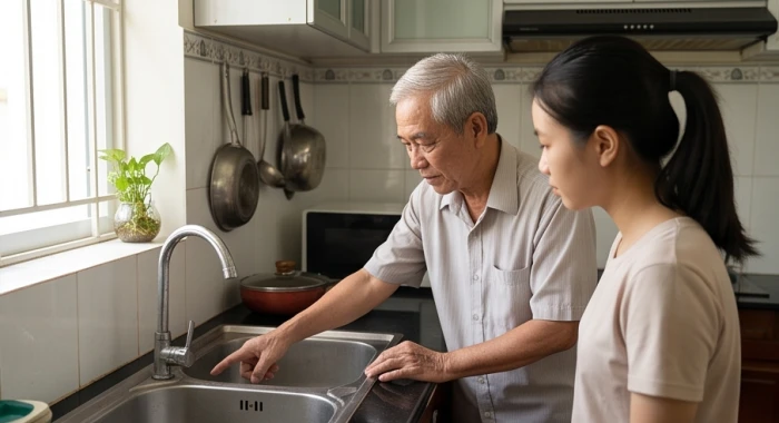 Người ông tuổi Kỷ Sửu đang chỉ dẫn con cháu sửa chữa đường ống nước trong gian bếp gọn gàng
