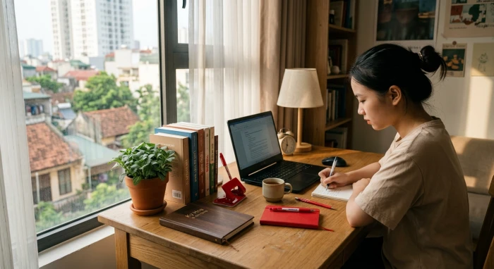 Không gian bàn học được bố trí chuẩn phong thủy dành riêng cho học sinh tuổi Kỷ Sửu 2009 giúp tăng cường sự tập trung