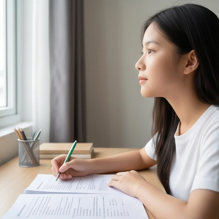 Học sinh tuổi Kỷ Sửu giữ bình tĩnh và tập trung giải bài tập trong không gian học tập yên tĩnh