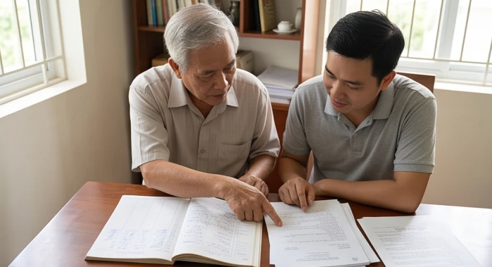 Người ông tuổi Kỷ Sửu đang xem xét kỹ sổ sách chi tiêu tài chính cùng con cái trên bàn làm việc
