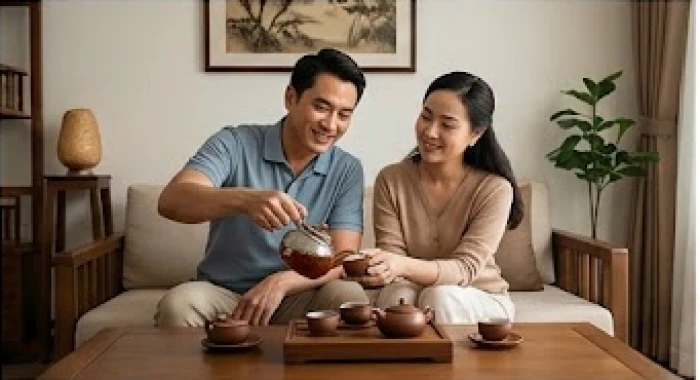 Người chồng ân cần rót trà cho vợ trong không gian phòng khách đậm chất văn hóa gia đình truyền thống