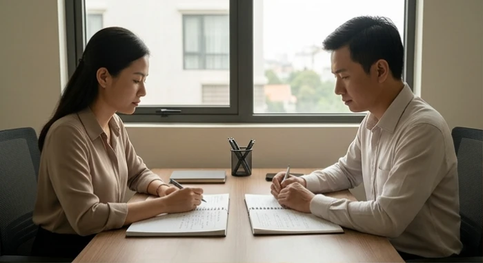 Hai đồng nghiệp suy tư trước các lựa chọn chiến lược khác nhau trong phòng làm việc chung
