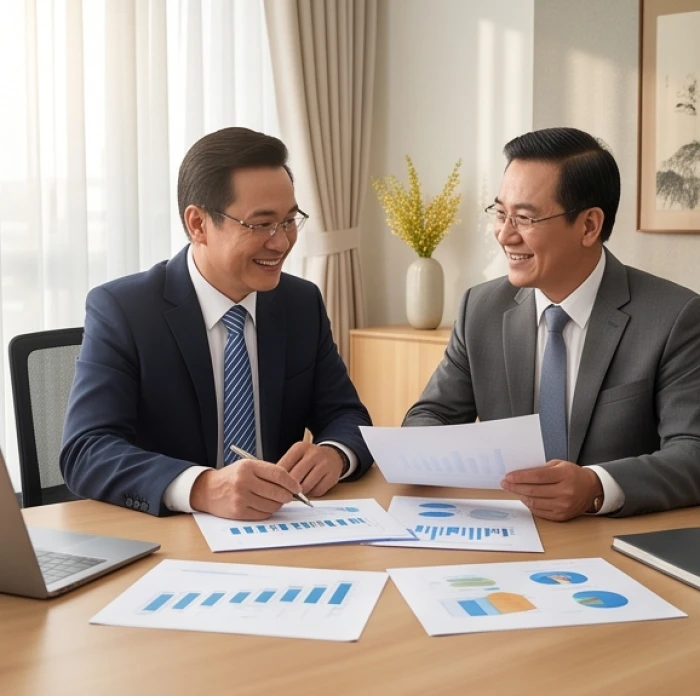Hai doanh nhân cao tuổi bàn bạc hợp đồng kinh doanh thuận lợi khi tìm hiểu tuổi làm ăn hợp ất dậu 1945