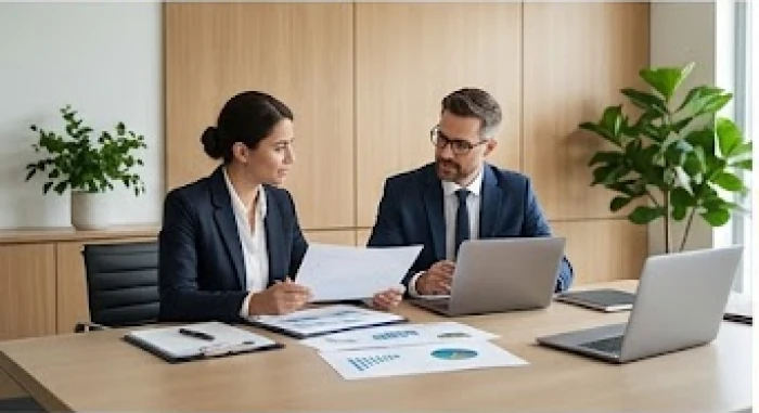 Hai đối tác thảo luận hợp đồng kinh doanh trên bàn làm việc trong không gian văn phòng hiện đại