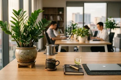 Không gian làm việc bài trí chậu cây phong thủy xanh mát minh họa cho chủ đề tuổi mão hợp cây gì