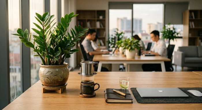 Không gian làm việc bài trí chậu cây phong thủy xanh mát minh họa cho chủ đề tuổi mão hợp cây gì