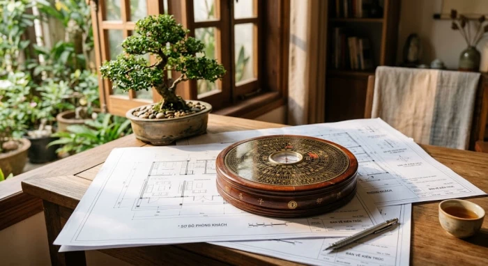 Bản vẽ thiết kế nhà ở và la bàn phong thủy giúp giải đáp tuổi mão hợp hướng nào