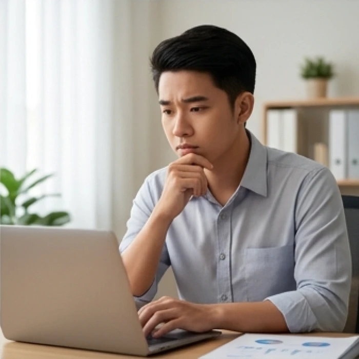 Nhân viên văn phòng tuổi Mão phân vân rà soát kỹ lưỡng từng dòng nội dung email trên màn hình máy tính