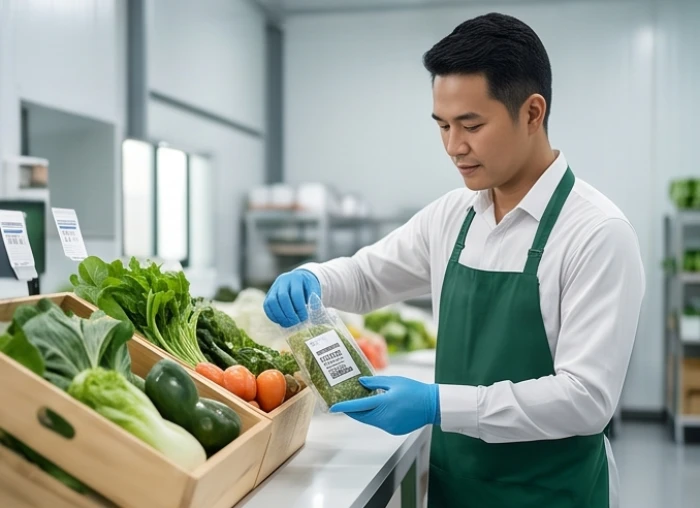 Chủ doanh nghiệp Mậu Thìn kiểm tra chất lượng đóng gói nông sản hữu cơ sạch trước khi xuất kho giao hàng
