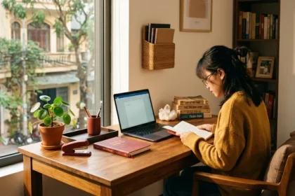 Góc học tập bài trí chuẩn phong thủy cho tuổi Mậu Tý 2008 với gam màu xanh lá và thạch anh