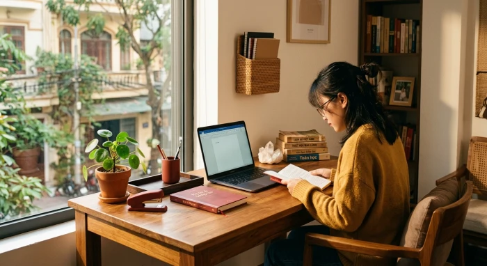 Góc học tập bài trí chuẩn phong thủy cho tuổi Mậu Tý 2008 với gam màu xanh lá và thạch anh