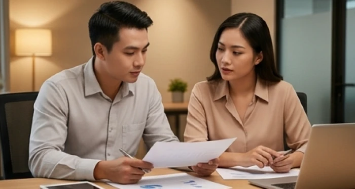 Hai đối tác kinh doanh trao đổi hợp đồng trong không gian làm việc hiện đại thể hiện sự hòa hợp mệnh