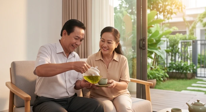 Vợ chồng cao niên ngồi thưởng trà trò chuyện ấm cúng trong phòng khách thể hiện sự hòa hợp tuổi Mậu Tý và Kỷ Sửu