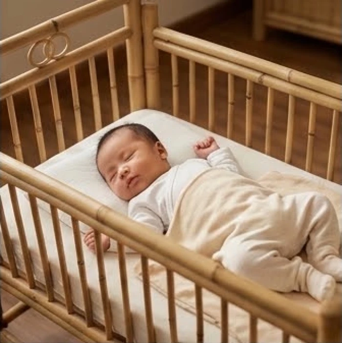 Em bé sơ sinh đang ngủ say sưa trong chiếc nôi tre truyền thống, đánh dấu cột mốc một tuổi âm lịch ngay từ khi lọt lòng