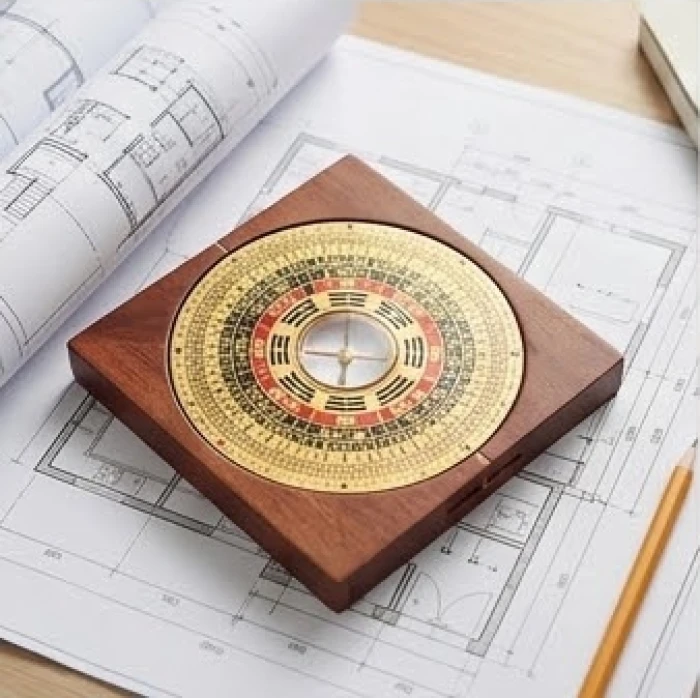 Chiếc la bàn bát quái bằng gỗ đặt trên bản vẽ kiến trúc, dùng để đo đạc phương hướng xây nhà dựa theo cung mệnh của tuổi mụ