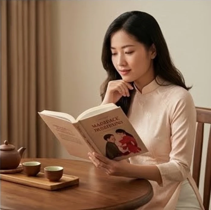 Cô gái trẻ mặc áo dài truyền thống ngồi suy tư bên bàn trà, tìm hiểu thời điểm lý tưởng để tổ chức lễ cưới theo tuổi âm lịch