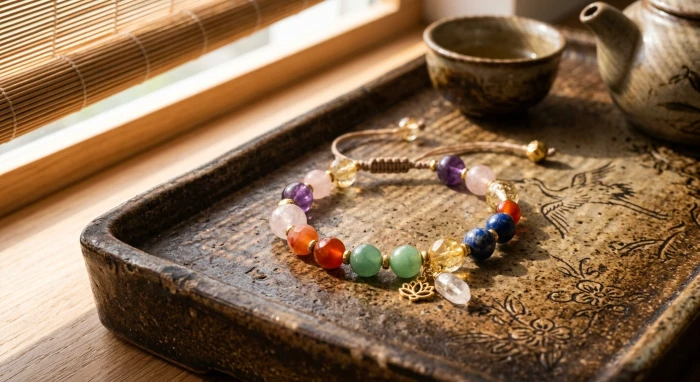 Chuỗi hạt đá phong thủy tự nhiên trên nền gốm sứ truyền thống dành cho người tìm hiểu tuổi mùi hợp đá gì theo ngũ hành