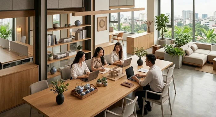 Góc làm việc hiện đại đậm chất Việt Nam gợi mở các định hướng tuổi mùi hợp kinh doanh gì mang lại tài lộc