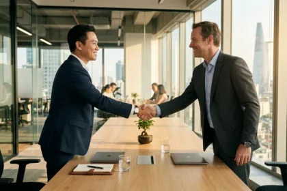 Khung cảnh hai doanh nhân Việt Nam bắt tay hợp tác thành công minh họa cho việc tuổi mùi hợp làm ăn với tuổi nào