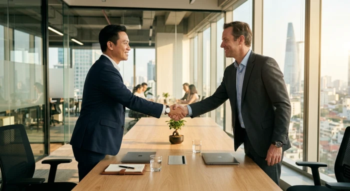 Khung cảnh hai doanh nhân Việt Nam bắt tay hợp tác thành công minh họa cho việc tuổi mùi hợp làm ăn với tuổi nào