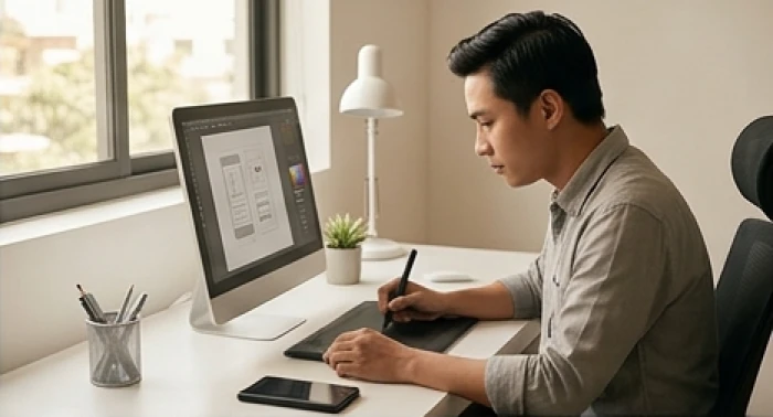 Nhà thiết kế tuổi Mùi đang say sưa tinh chỉnh bản vẽ kỹ thuật trên màn hình máy tính chuyên dụng
