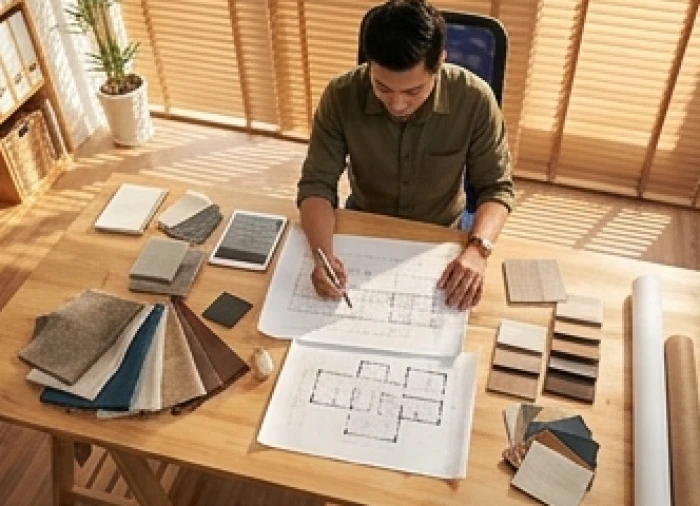 Kiến trúc sư đang say sưa phác thảo bản vẽ thiết kế trên bàn làm việc