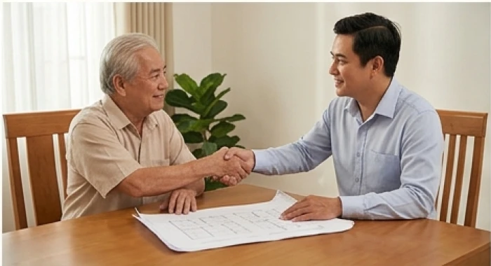 Hai người đàn ông cùng ngồi đàm đạo trao đổi hồ sơ xây dựng trong không gian gia đình hòa thuận