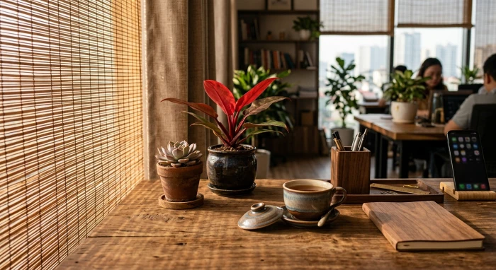 Chậu cây vạn lộc và sen đá nâu đặt trên bàn làm việc giải đáp thắc mắc tuổi ngọ hợp cây gì