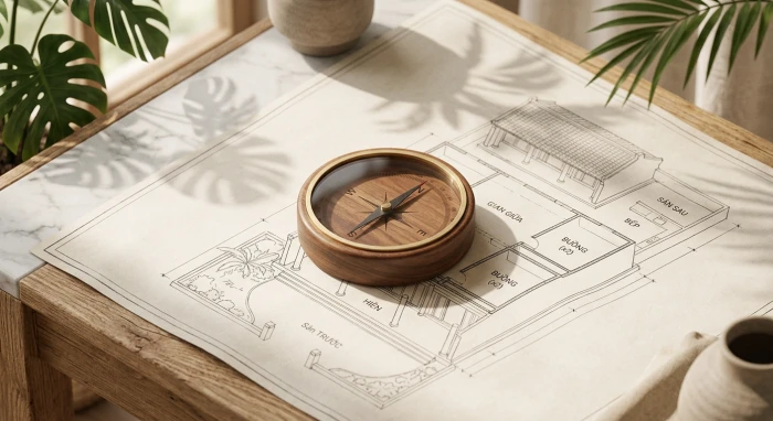La bàn phong thủy đặt trên bản vẽ thiết kế để xác định xem tuổi ngọ hợp hướng nào