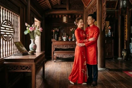 Cặp vợ chồng mặc áo dài truyền thống Việt Nam đang xem la bàn phong thủy để biết tuổi Ngọ hợp kết hôn với tuổi nào