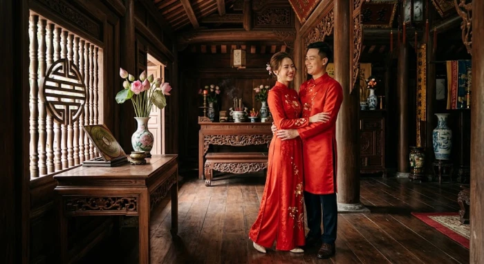 Cặp vợ chồng mặc áo dài truyền thống Việt Nam đang xem la bàn phong thủy để biết tuổi Ngọ hợp kết hôn với tuổi nào