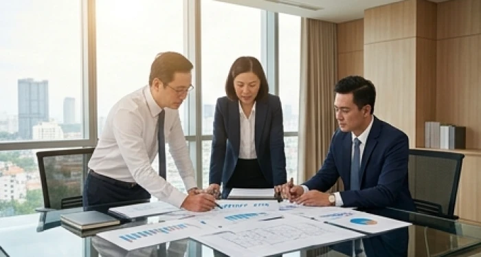 Nhóm ba doanh nhân tuổi Ngọ Dần Tuất cùng thảo luận chiến lược mở rộng thị trường tại phòng họp công ty