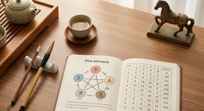 Biểu đồ ngũ hành tương sinh giữa các con số từ 0 đến 9 với bản mệnh người tuổi Ngọ trên bàn trà