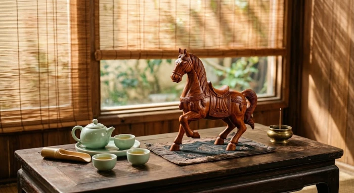 Không gian trà đạo truyền thống Việt Nam với tượng ngựa gỗ thể hiện tuổi ngọ hợp tuổi nào theo tử vi