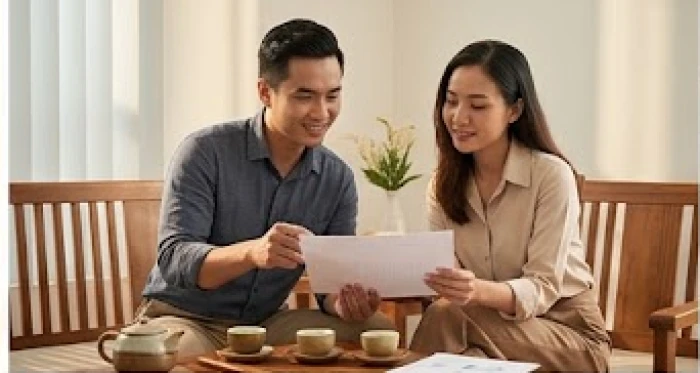 Hai đồng nghiệp tuổi Ngọ và Mùi thảo luận tài liệu ôn hòa trong phòng họp ấm cúng bên bàn trà gốm sứ