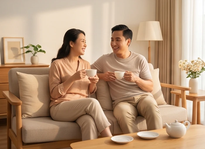 Vợ chồng tuổi Ngọ và tuổi Mùi cùng ngồi uống trà trò chuyện vui vẻ thể hiện sự hòa hợp viên mãn giữa các cặp đôi Lục hợp