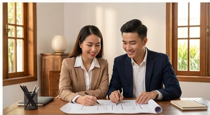 Cặp đôi doanh nhân trẻ Việt Nam trò chuyện vui vẻ bên bàn làm việc khi xem tuổi Ngọ kết hôn hợp tuổi nào