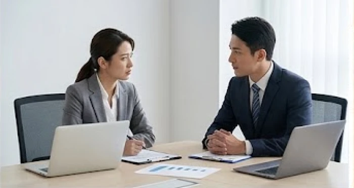 Hai đối tác kinh doanh trao đổi công việc trong không gian văn phòng thể hiện sự căng thẳng do bất đồng quan điểm