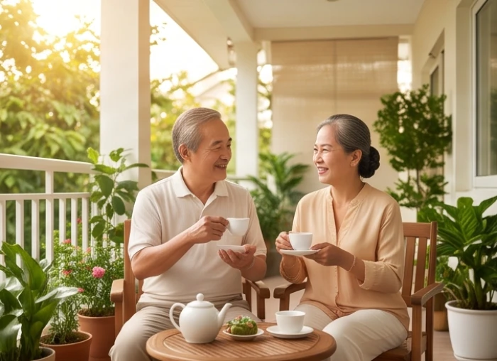 Vợ chồng lớn tuổi nhâm dần 1962 thong thả thưởng trà chia sẻ cuộc sống viên mãn tuổi xế chiều