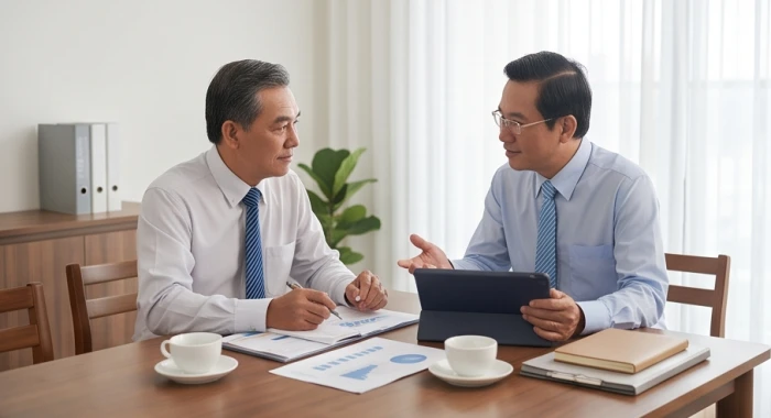 Hai doanh nhân trung niên thảo luận công việc thuận lợi tại bàn trà hợp tác với gia chủ tuổi Nhâm Dần 1962